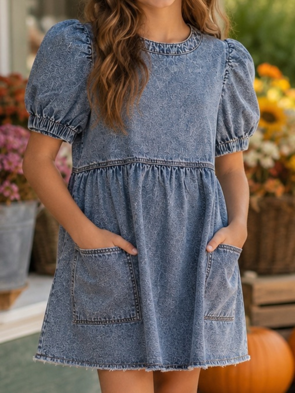 Forever 21 Kids Acid Wash Denim Dress Girls XL 13/14 Puff Sleeve NWT